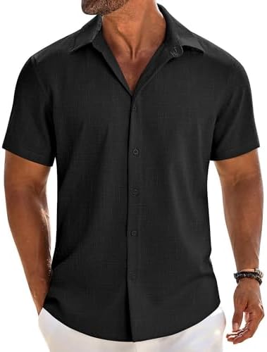 COOFANDY Mens Button Down Shirt Short Sleeve Casual Shirts Beach Summer Linen Shirts Wedding Vacation Shirt