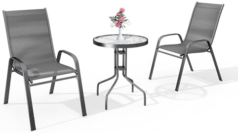 SONGBATE Large Patio Bistro Set 36&#34; Table &amp; 2 Chairs Modern Metal Frame with Textilene Fabric
