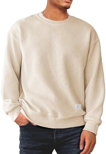 Dokotoo men's round neck sports shirt solid color geometric texture long sleeved casual pullover shirt
