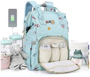 Diaper Bags Backpack Baby Bag for Mom Dad Baby Girls Boy, Cute Mult Diaper Nappy Bag Travel Back Pack,Waterproof Maternity Changing Bag Baby Stuff with USB Charging Port Stroller Straps Large Blue