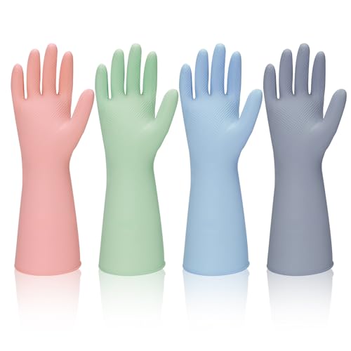BSRBZJ Rubber Kitchen Dishwashing Gloves - 4 Pairs Reusable Household Cleaning Gloves, Flexible and Durable &amp; Non-slip Cleaning Gloves, Great for Kitchen, Bathroom, Laundry (Pink+Green+Blue+Grey)