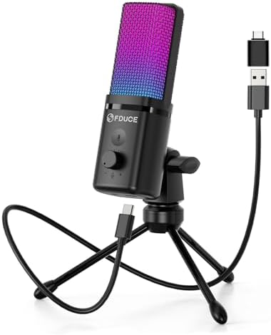 FDUCE Gaming USB Microphone for PC,RGB Condenser Computer Mic with Tripod Stand,Quick Mute,Gain Control,Cardioid Mic for Streaming, Podcast, Twitch, YouTube, PC, Computer, PS5, (M160)
