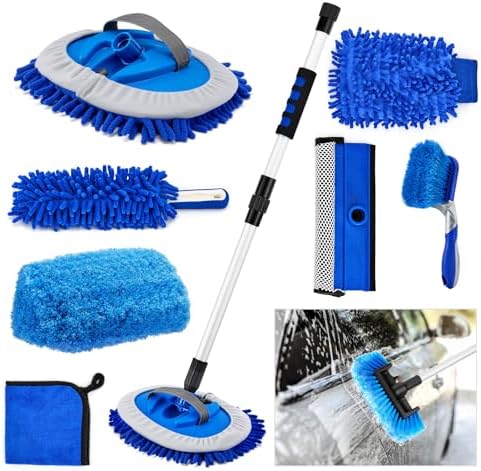 Farafox Car Cleaning Kit,62&#39;&#39; Car Wash Brush with Long Handle,Complete Car Cleaning Brush Kit Microfiber Cleaning Head &amp; Extra-Thick Aluminum Extension Pole for Car, Truck, SUV, RV
