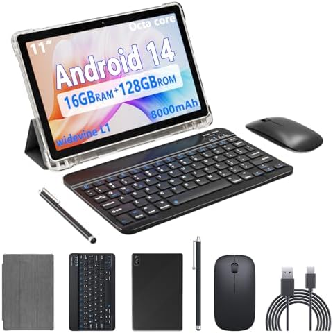11 inch 2 in 1 Tablet, 16GB + 128GB, Android 14 Tablet, 1TB Expandable, 13MP Camera, Octa-Core Processor 5G WiFi 8000MAH Battery 11&#39;&#39; IPS HD Touchscreen Google Tableta.