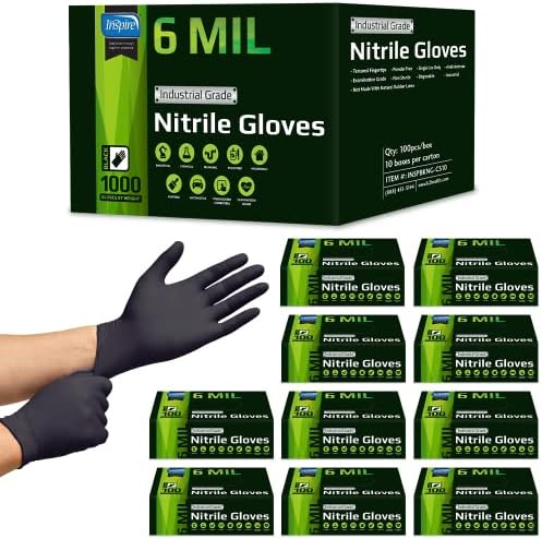Inspire HEAVY DUTY 6Mil ORIGINAL Quality Stretch Nitrile Black Gloves Disposable Latex Free Medical, Food, Mechanic Tattoo