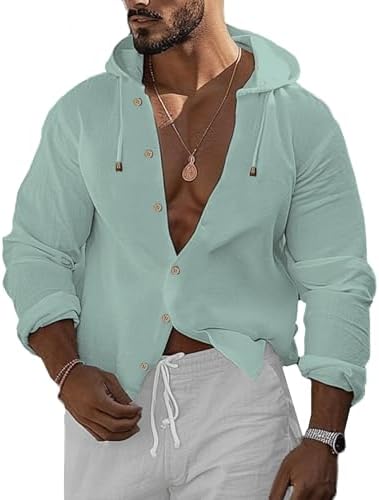 OYOZONE men's linen shirt casual button up shirt long sleeved rolled up sleeve summer beach shirt top with hood
