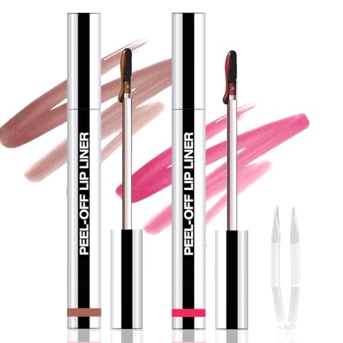 FeiCuiYun 2Pcs Peel Off Matte Liquid Lip Gloss Stain-Lip Liner with Tweezer, Peel Off Lip Stain, Long Lasting &amp; Waterproof Lipstick Tattoo, Transfer-Proof Lip Gloss for All Skin Types (00#+02#, 2P
