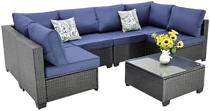 wudipatio 7 Pieces Outdoor Patio Furniture Sets, PE Rattan Wicker Patio Conversation Set with Tea Table (2BLACK\/BL, B\/ZB)