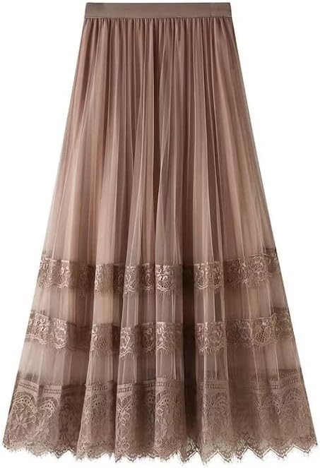 Sigdio Women Midi Skirt Elastic High Waist Lace Tulle Skirt Pleated Skirt