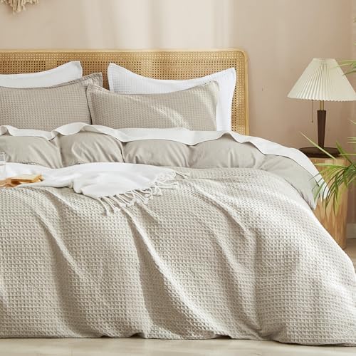 PHF Waffle Weave Duvet Cover Set Queen Size, No Snagging Ultra Soft Luxury Textured Breathable Comforter Cover for All Season 3pcs, Durable Bedding Duvet Set with 2 Pillow Shams, 90&#34;x90&#34;, Line