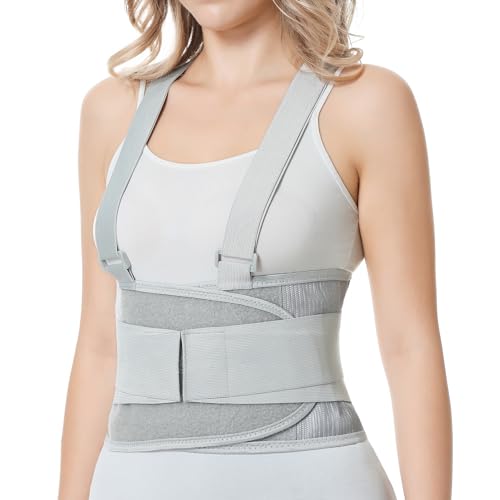 NeoTech Care Back Brace with Suspenders\/Shoulder Straps - Light &amp; Breathable - Lumbar Support Belt for Lower Back Pain - Posture, Work, Gym - Grey Color (Size XL)