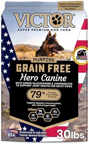 VICTOR Super Premium Dog Food \u2013 Purpose Hero Canine Kibble \u2013 Premium Gluten Free Dog Food for Active Adult Dogs \u2013 High Protein with Glucosamine and Chondroitin for Hip and Joint Health,
