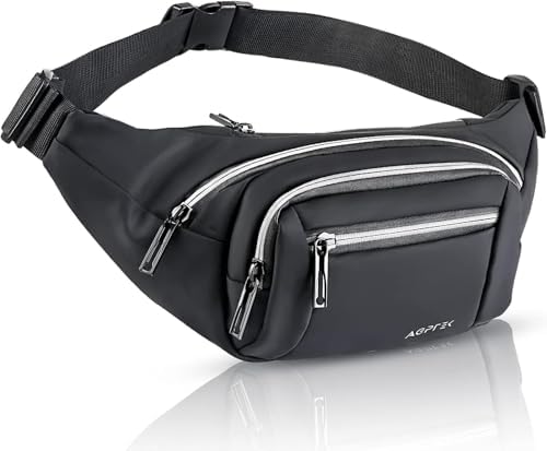 AGPTEK Fanny Pack for Women Men, Waterproof Waist Wallet Bag, Compact &amp; Adjustable &amp; Reflective Straps Bum Belt Pouch for Travel, Running, Shopping, Hiking, Dog Walking, Cycling, Climbing, Bla