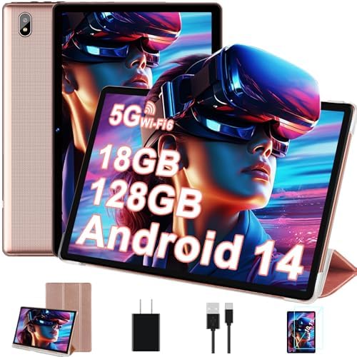 DMOAO Tablet, 10.1 Inch Tablets, Android 14 Tablet with 18GB RAM+128GB ROM\/ 1TB Expand, Octa-Core 1.8GHz CPU, 6000mAh Battery, 5G WiFi, WiFi 6, BT5.0, Widevine L1 HD IPS Tableta PC-Rose Gold