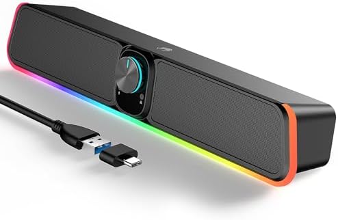 Computer Speakers - Wired USB Powered Bluetooth Computer Sound Bar with RGB &amp; Volume Knob, HiFi Stereo Portable Gaming Sound Bar Speaker for Desktop Monitor, PC, Laptop, Tablets, Mac Air\/Pro