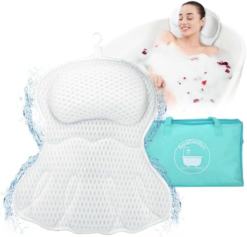Bathtub Pillow, Luxury Bath Pillows for tub Neck, Back and Shoulder Support, Thick Padded, Ergonomic Bath Tub Pillow with 4D Air Mesh Cushions, Strong Suction Cups, Relaxing Bath Accessories Spa Gifts