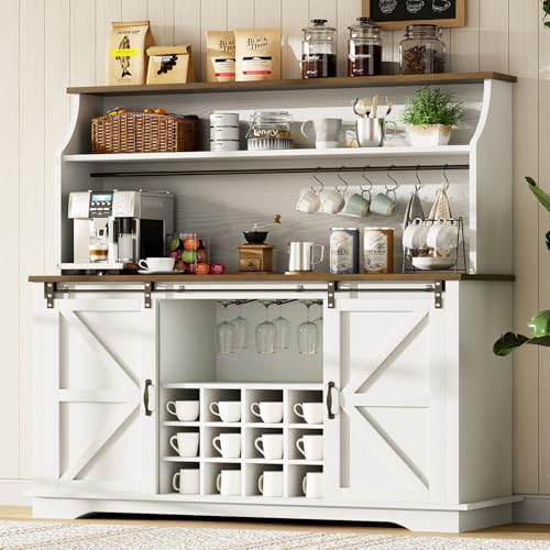 REVOMINCA 55 Inch Farmhouse Coffee Bar Cabinet with 3-Tier Storage, Kitchen Hutch with 12 Wine Racks &amp; 3 Glass Holders, Coffee Bar with 6 Hooks, Wine Bar Cabinet for Dining Living Room, White