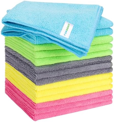 Forggon Microfiber Cleaning Cloth, Pack of 15, Lint Free, Absorbent, Streak Free, Non-Abrasive, Reusable and Washable，Cleaning Towels with 5 Color Assorted,11.8&#34;X11.8&#34;(Green\/Blue\/Yellow\/Pin