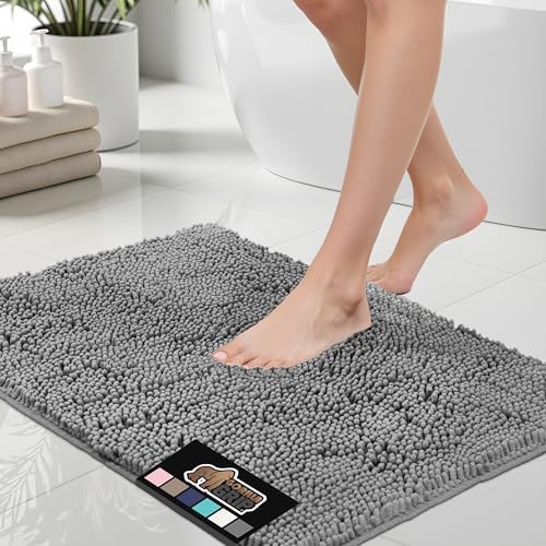 GORILLA GRIP Bath Rug Mat, Thick Soft Absorbent Chenille, Quick Dry Microfiber Mats, Rubber Backing Washable Shower Floor Rugs, Bathmat Runner, US Designed Bathroom Home Decor Accessories 24x17, Grey