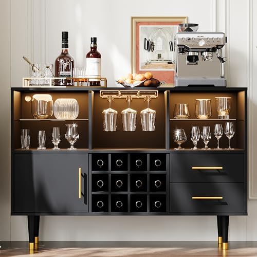 Bar Cabinet and Coffee Bar Table - LED Light Charging Station, Buffet Sideboard with Storage - Ideal for Buffets &amp; Sideboards, Liquor and Wine Cabinets for Home 47.2 inch Black
