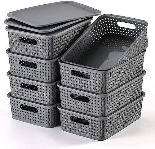 NETANY [8-piece set] plastic storage basket with lid, small food storage room storage, stackable storage box, household storage rack under cabinets, countertops, drawers, sinks or shelves, gray