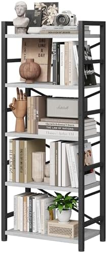 Homeiju Organization and Storage, 5 Tier Bookshelf, Tall Bookcase with Shelves, Wood and Metal Book Shelf Storage Organizer, Industrial Display Standing Shelf Unit for Bedroom, White