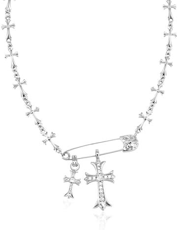 Silver Cross Necklaces for Women Y2K Safety Pin Gothic Cross Cubic Zirconia Pendant Necklace, Aesthetic Necklace Punk Goth Jewelry for Women Men