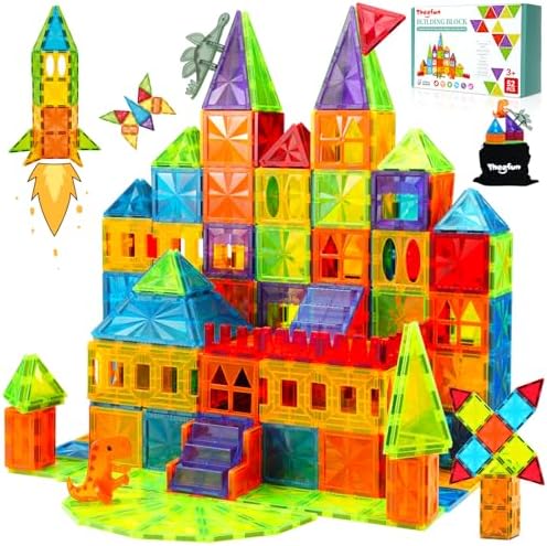 Magnetic Tiles 52PCS 3D Magnet Building Blocks Toys with 2 Dinosaur for Kids Educational Magnetic Construction Playboards Set STEM Sensory Outdoor Toys for Boys Girls Toddlers 3 4 5 6 7 8 9 Year Old