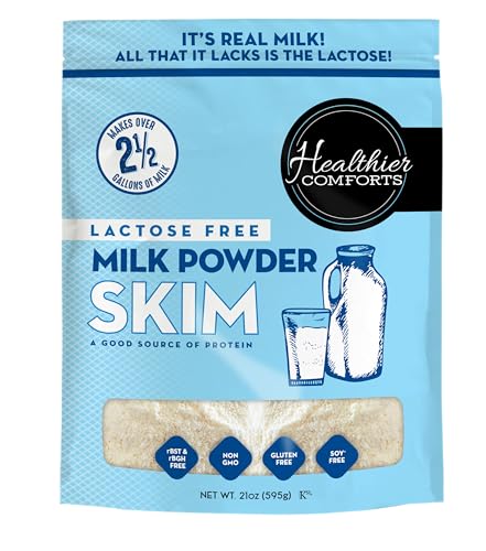 Healthier Comforts Lactose Free Skim Milk Powder  High Protein, Fat Free, Non-GMO, rBST Hormone Free, Kosher, Gluten Free, No Fillers  Baking, Coffee Creamer, Shakes Makes 14 cups (21 oz)