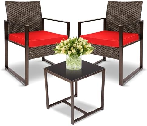 YIYAN 3 Pieces Outdoor Furniture Set Patio Rattan Wicker Chairs &amp; teatable,Lawn Garden Balcony Backyard,with Washable Cushion (Red)