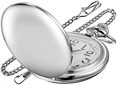 Realpoo Men&#39;s Quartz Pocket Watch, Silver, Arabic Numerals, White Dial, Stainless Steel, PK120115-sliver