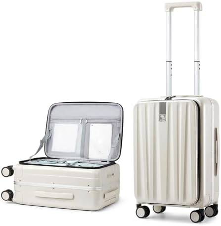 Hanke 20 Inch Carry On Luggage with Wheels PC Hard Shell Suitcase Top Opening Aluminum Frame Travel Luggage Suitcases for Woman Men Gifts.(Ivory White)