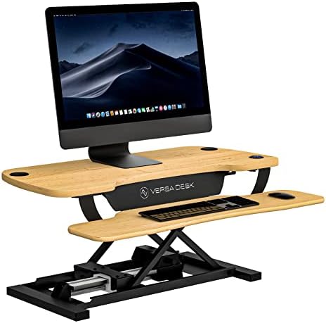 VERSADESK Electric Standing Desk Converter, 36 Inch PowerPro™ Height Adjustable Sit Stand Desktop Riser with Keyboard Tray, Built-in USB Charging Port, Holds 80 lbs, Push-Button Switch, Maple