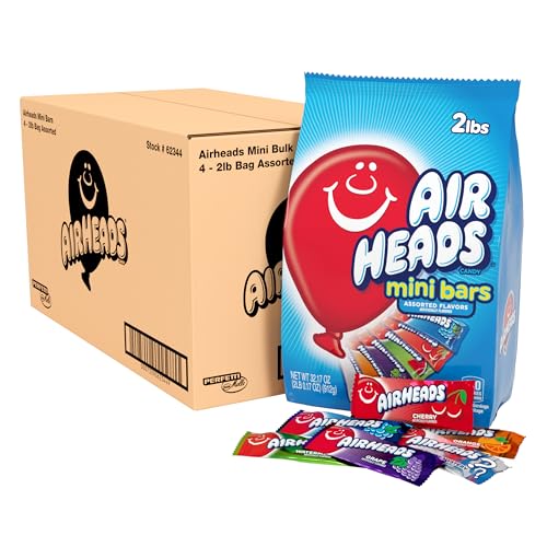 Airheads Candy Mini Bars, Chewy Fun Taffy Candy, Assorted Fruit Flavors, Back to School for Kids, Non Melting, Party, 2 Pound Bag (Pack of 4)