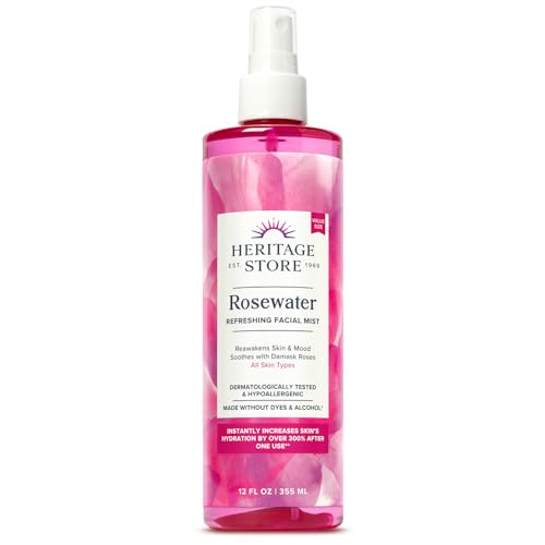 HERITAGE STORE Rosewater - Refreshing Facial Mist for Glowing Skin with Damask Rose, All Skin Types - Rose Water Spray for Face, Made Without Dyes or Alcohol, Hypoallergenic, Vegan, Cruelty Free, 12oz