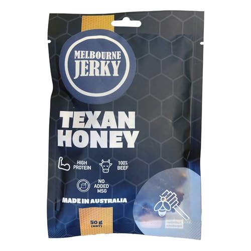 Melbourne Jerky, Premium Beef Jerky, Healthy Snack Alternative, High-Protein Snack, Wholesome, Tender, Juicy, Flavorful, MSA Grade, Australian Made, Ready-to-Eat, 50gms, Texan Honey Flavored