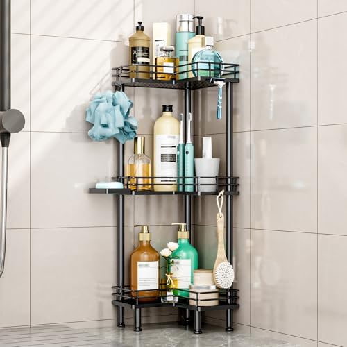 HapiRm Corner Shower Rack -3-layer shower storage corner with soap rack, rust proof bathroom vertical storage rack, with 4 hooks, black