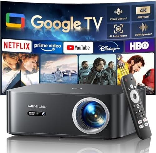 [1200 ANSI\/Google TV\/Netflix Licensed]Smart Projector with WiFi 6 and Bluetooth,Voice Control,4K Support Native 1080P Proyector,Auto Focus &amp; Keystone Outdoor Movie Projector,WiMiUS K13 Black
