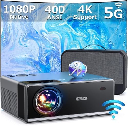 FUDONI Projector with 5G WiFi and Bluetooth, 1080P Outdoor Projector with HDMI and USB, Max 300&#34; Display Zoom Function for Movies &amp; Gaming, Compatible with TV Stick\/Phone\/Laptop