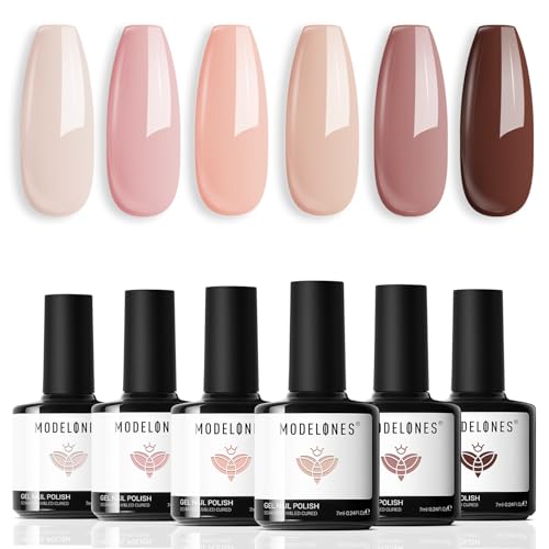 modelones Gel Nail Polish Kit -6 Colors Nude Pink Gel Polish Set Skin Tones Neutral Brown Soak Off Gel Nail Kit Manicure DIY Nail Art Salon Home Gift