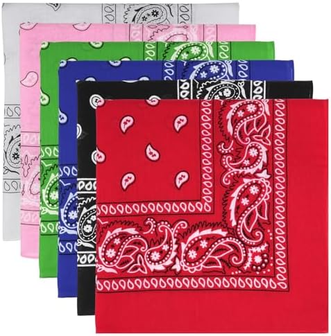 6 Pack Pure Cotton Bandana, Multi-Purpose Square Handkerchief, Face Mask headband for Men and Women