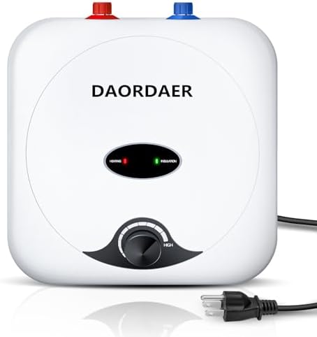 DAORDAER 110\/120v 1.5kw Mini Tank Electric Water Heater 2.5 Gallon Compact Under Sink Water Heater Knob Temperature Adjustment Instant Hot for Home Kitchen (2.5 Gallon- White)