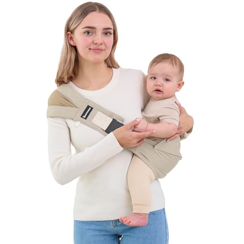 AUYEAZGO Toddler Sling Carrier - Premium Cotton, Expandable &amp; Ergonomic, One Size Fits All, Ideal for 6-48 Months (11-44 lbs), Compact &amp; Easy to Use, One-Hand-Free, Beige