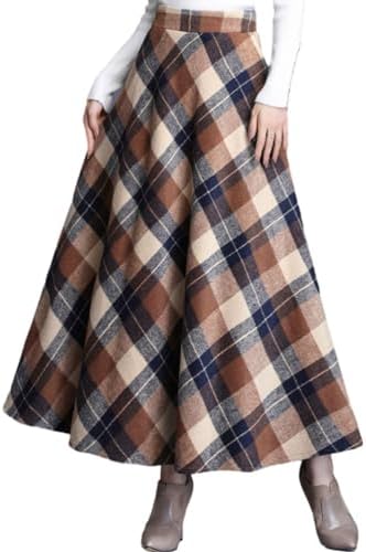 SUNYUESTAR Women&#39;s Plaid Skirt Warm Elastic Waist Wool A-Line Pleated Tartan Winter Long Skirts