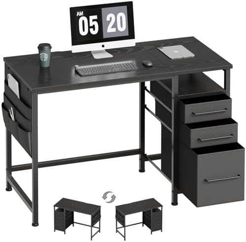 Ｍａｉｈａｉｌ Maihail Small Desk with Drawers, 40 inch Computer Desk with Shelves, Writing Desk with Storage, Small Office Desk with Metal Frame, Black