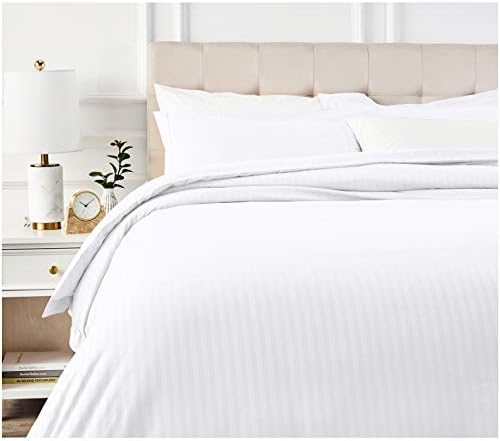 Amazon Basics Brushed Microfiber 3 Piece Duvet Cover Set, Full\/Queen, Bright White, Striped