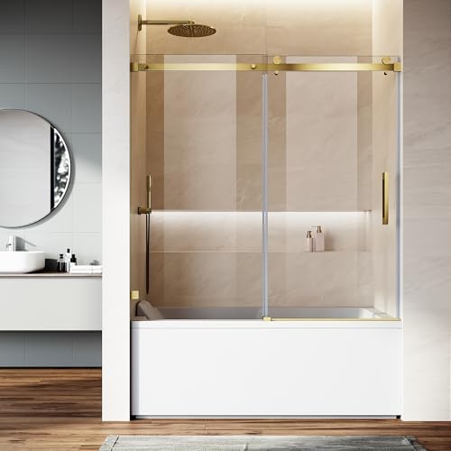 SL4U Frameless Sliding Bathtub Door,59&#34; W x 59&#34; H，5\/16&#34; (8mm) Tempered Glass Shower Door，Frameless Shower Glass Door, Easy to Clean,Gold Finish