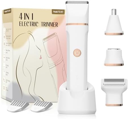 Electric Bikini Trimmer for Women - 4 in 1 Electric Shaver for Women, Waterproof Pubic Hair Trimmers and Facial Hair Remover, Replaceable Razors &amp; Nose Hair Trimmer, Rechargeable Women&#39;s Groom
