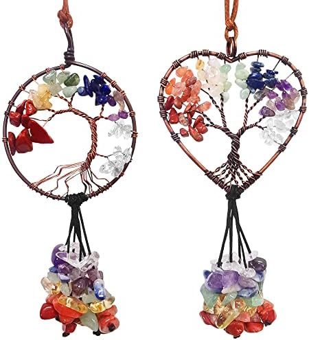 2 Pcs Tree of Life Car Mirror Hanging Accessories, AFUNTA 7 Chakra Crystals and Healing Stones Seven-Colored Stone Car Ornaments Good Luck Wall Decor