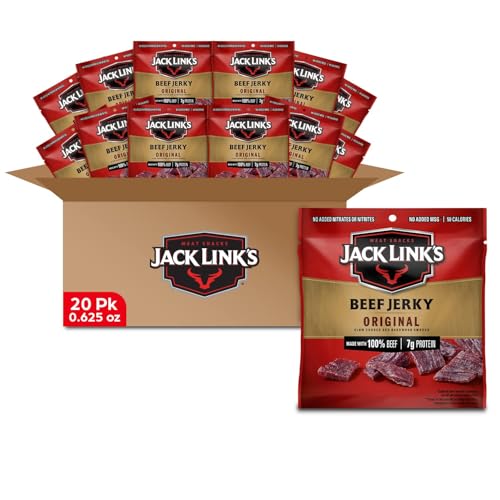 Jack Link&#39;s Beef Jerky, Original, Multipack Bags - Flavorful Meat Snacks for Lunches, Ready to Eat Protein Snacks, Individual Packs - 7g of Protein, Made with 100% Beef - 0.625 oz (Pack of 20)